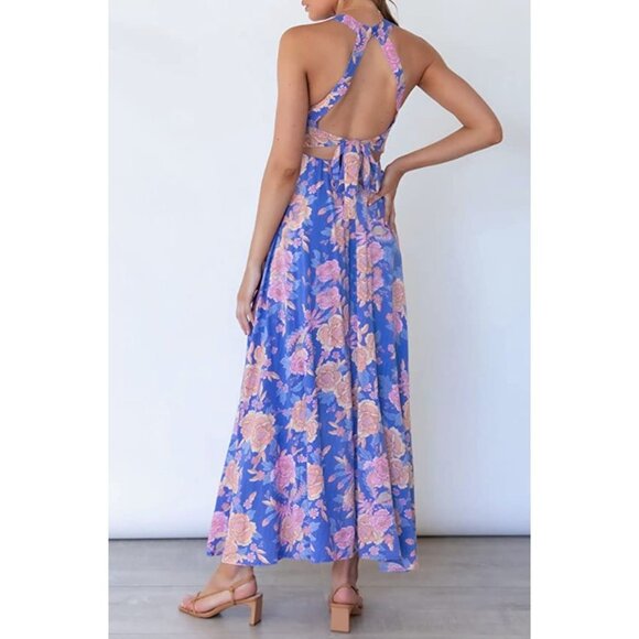 Boho Blue Multi Floral Printed Halter Neck Cut Out Flowy Long A-Line Maxi Dress - Picture 5 of 7